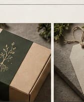 Forest green gift box with botanical mark