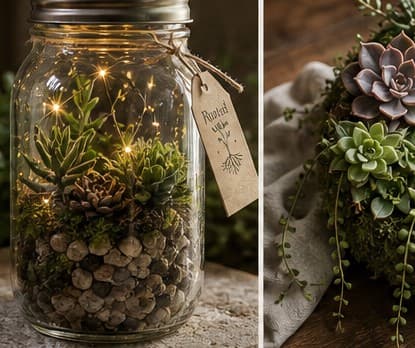 Mason jar terrarium with moss, stones, succulents, and warm fairy lights